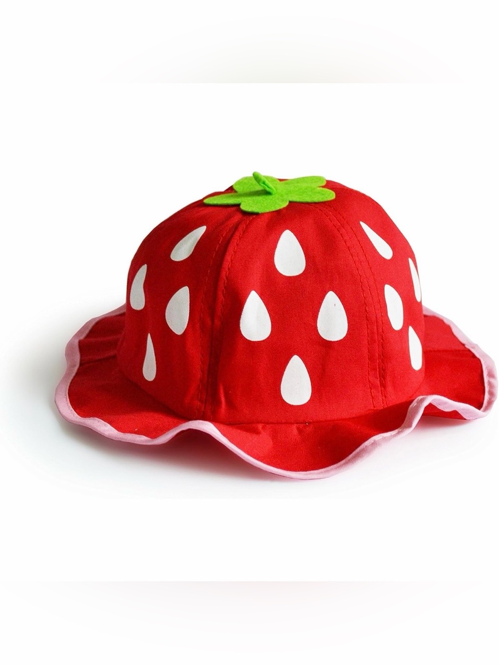 Baby Red Strawberry Print Sun Hat with Green Leaf Accent